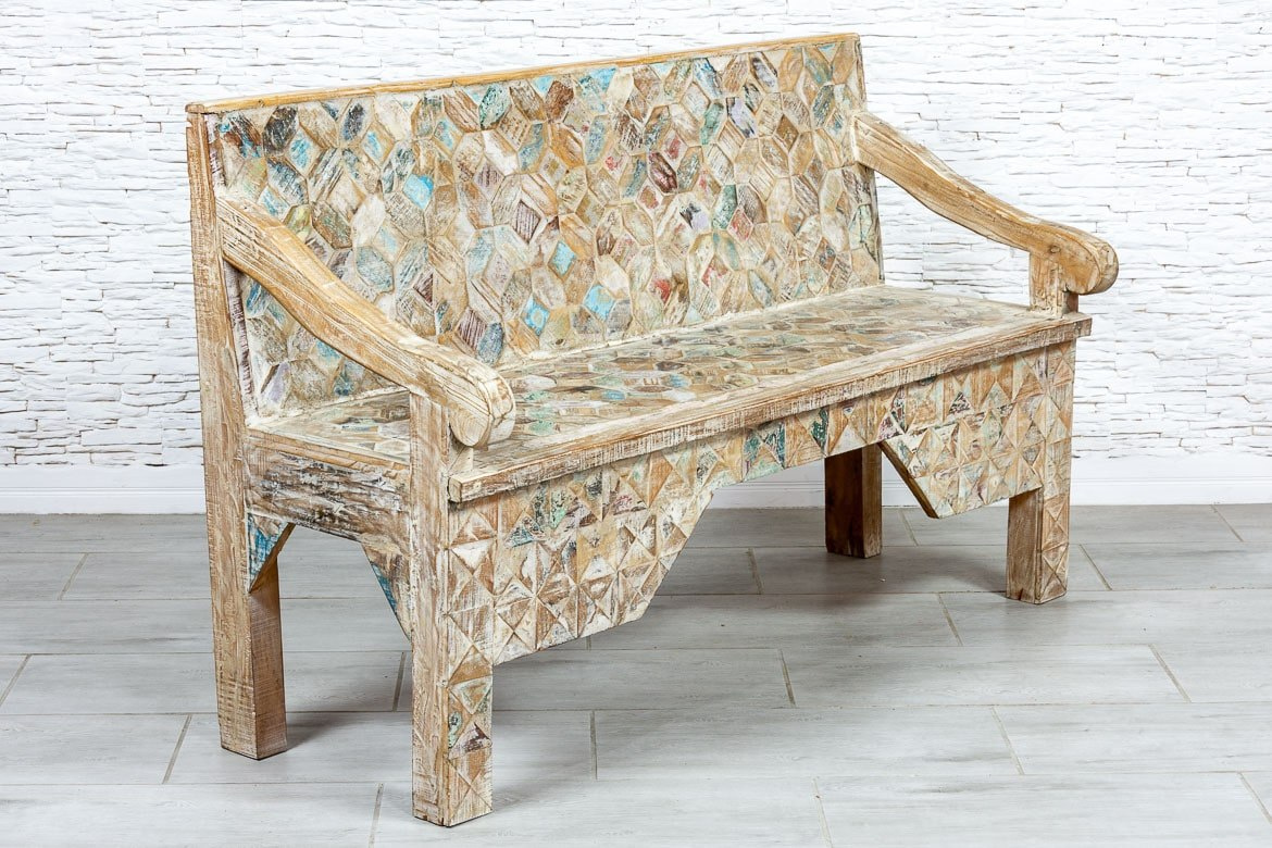 Drewniana przecierana ławka indyjska z mozaiką