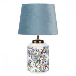 Romantyczna lampa stołowa w kwiaty z niebieskim kloszem