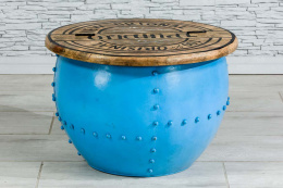 Okrągły niebieski stolik indyjski ze schowkiem loft