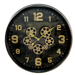 Czarny pozłacany zegar ścienny vintage z ozdobnym mechanizmem