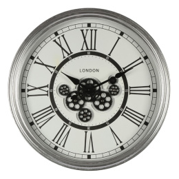 Srebrny zegar ścienny vintage z ozdobnym mechanizmem LONDON