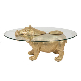 Złoty stolik kawowy ze szklanym blatem hipopotam