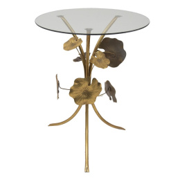Złoty okrągły stololik z liśćmi metal i szkło