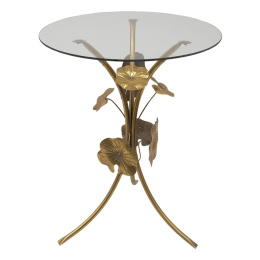 Złoty okrągły stololik z liśćmi metal i szkło