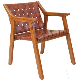 Tekowe krzesło kolonialne ze skórzaną plecionką