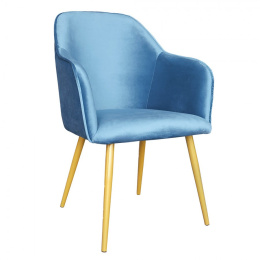 Niebieskie tapicerowane krzesło retro na złotych nogach