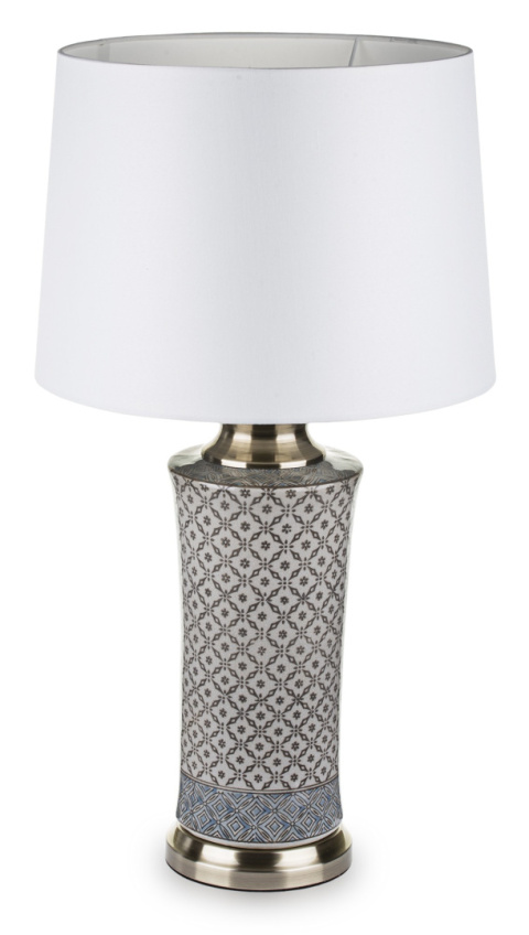 Wysoka ceramiczna lampa stołowa z białym abażurem